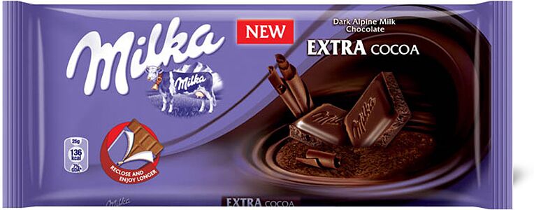 Шоколадная плитка, молочная "Milka Extra Cocoa" 100г