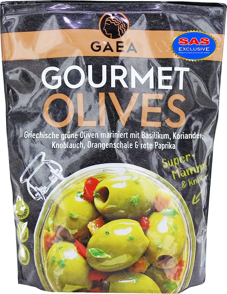 Green pitted olives with basil, coriander, garlic, orange peel, red peppers "Gaea" 150g
